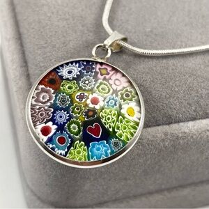 Millefiori Murano Glass Italy Sterling Silver Ladies Pendant With 18 Inch Chain